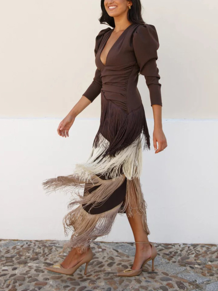 V-Neck Long Sleeve Elegant Maxi Dress