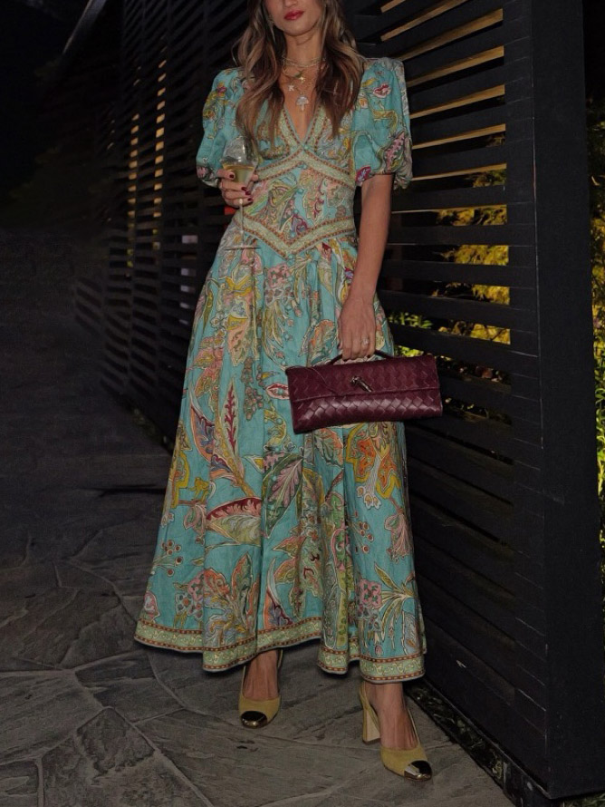 Printed Floral Satin Vintage Midi Dress
