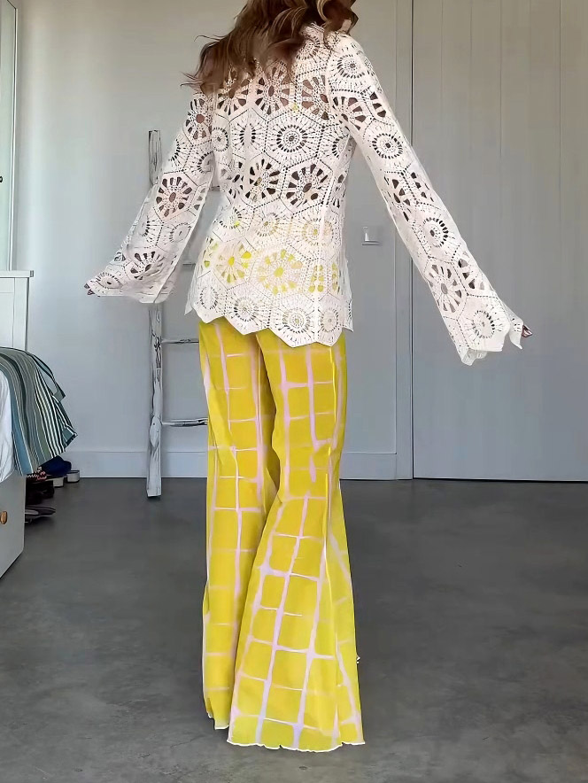 Printed Mesh Flared Casual Pants