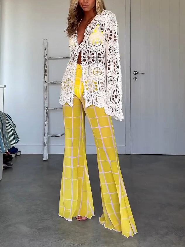Printed Mesh Flared Casual Pants