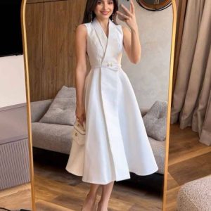 V-Neck High-Waisted Midi Dress