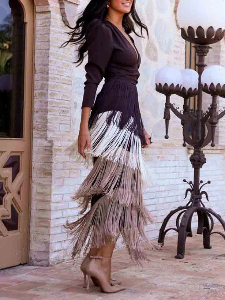 V-Neck Long Sleeve Elegant Maxi Dress